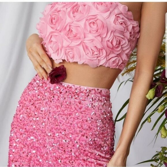 Coord set Pink Floral Applique Tube Top & Sequin Wide Leg Pants Set new wot - Picture 4 of 14